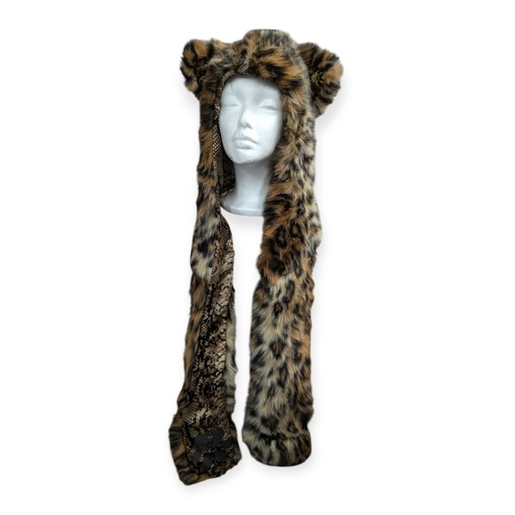SpiritHoods Accessories - SpiritHoods Leopard Faux Fur Animal Hood Scarf Mittens Snakeskin Lining Festival